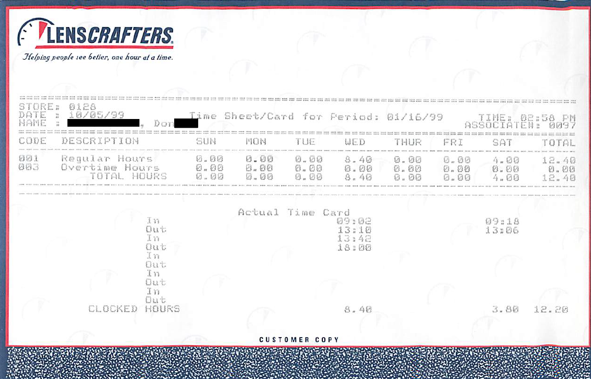 Don's Hunt Valley timesheet, associate ID #0097