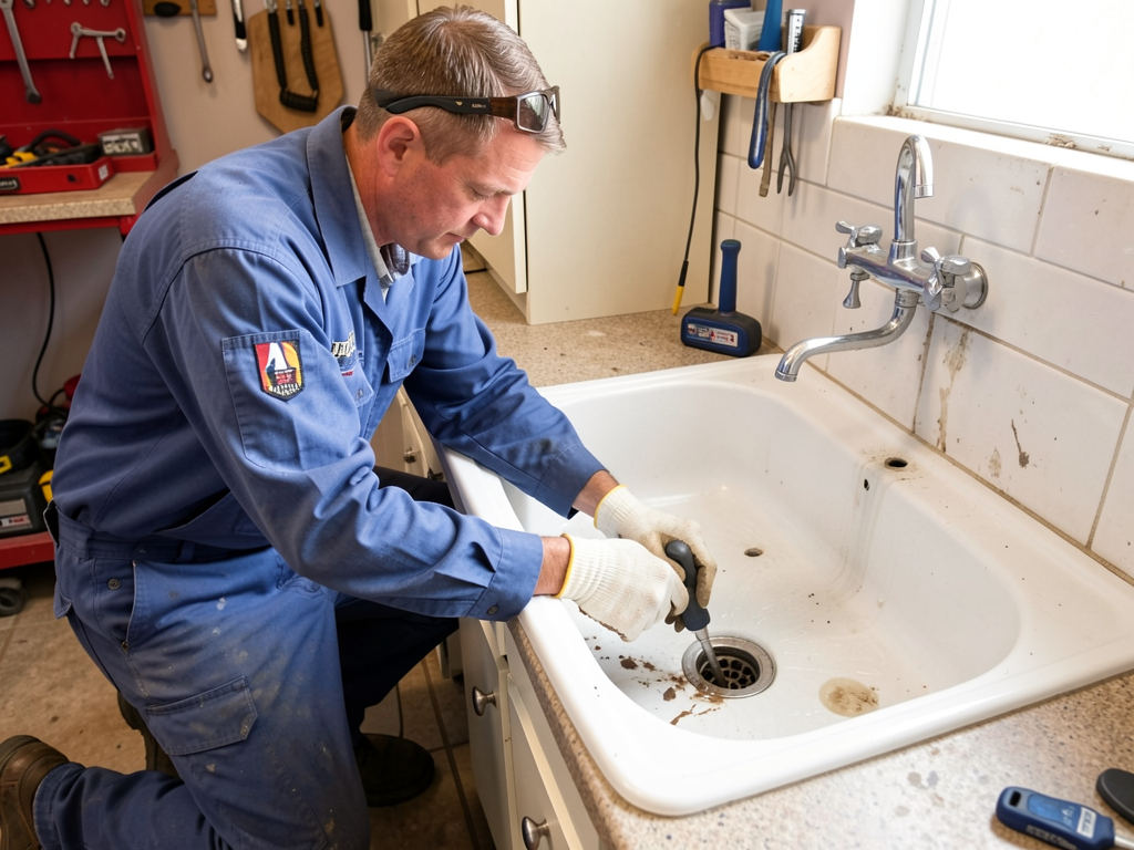 Technician performing professional drain cleaning service