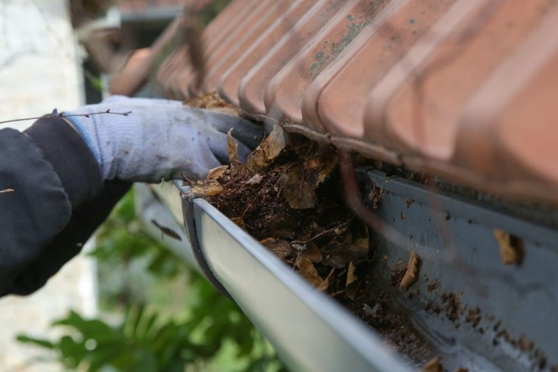 Worker cleaning gutters on a house