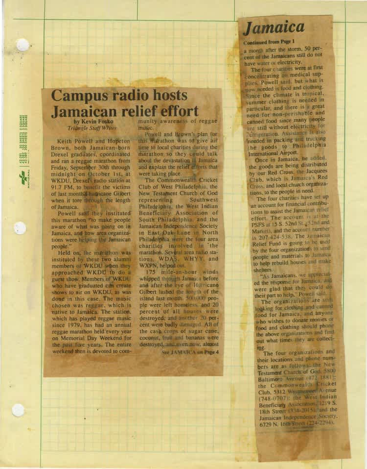 “Campus radio hosts Jamaican relief effort”, The Triangle - October 14, 1988