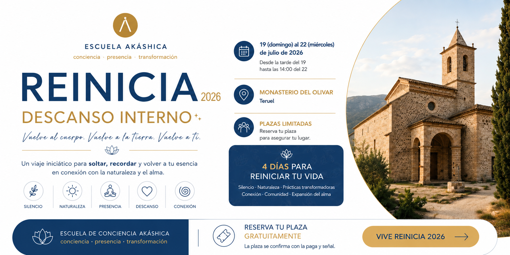 REINICIA 2026 · Retiro presencial · Monasterio del Olivar · 19-22 julio 2026