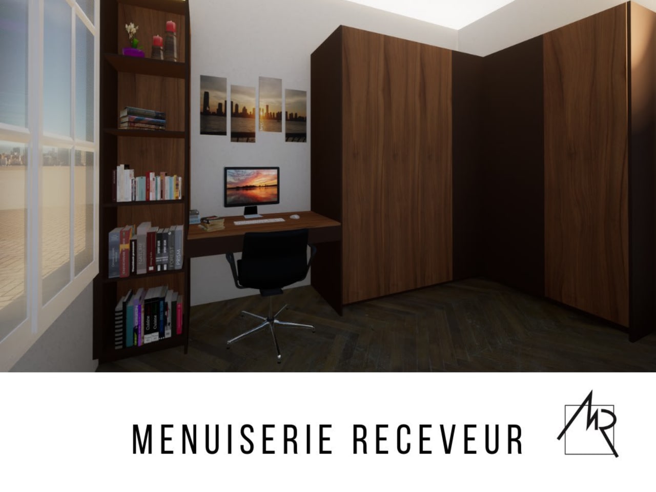 Bureau et bibliothèque derrière cloison vitrée