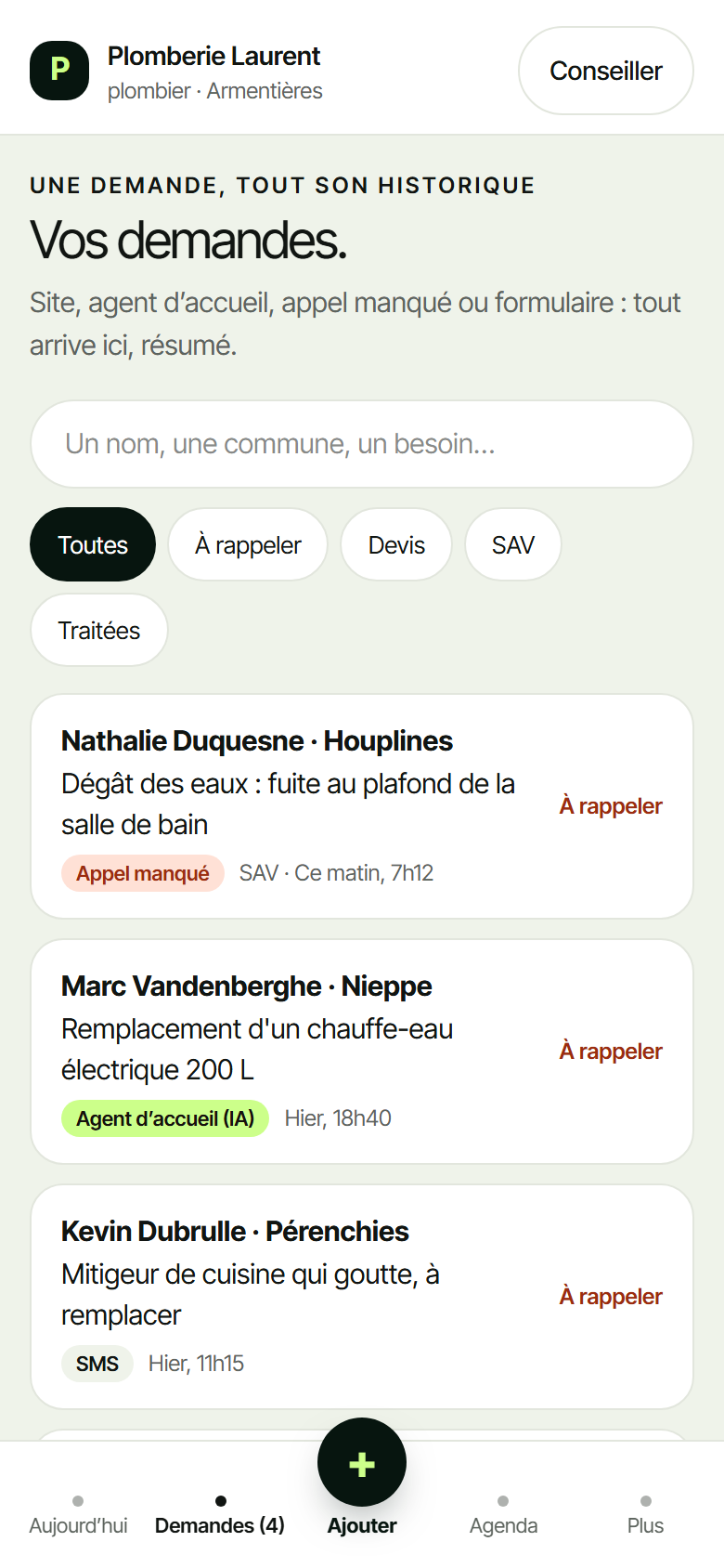 Liste des demandes dans l'application TURNE
