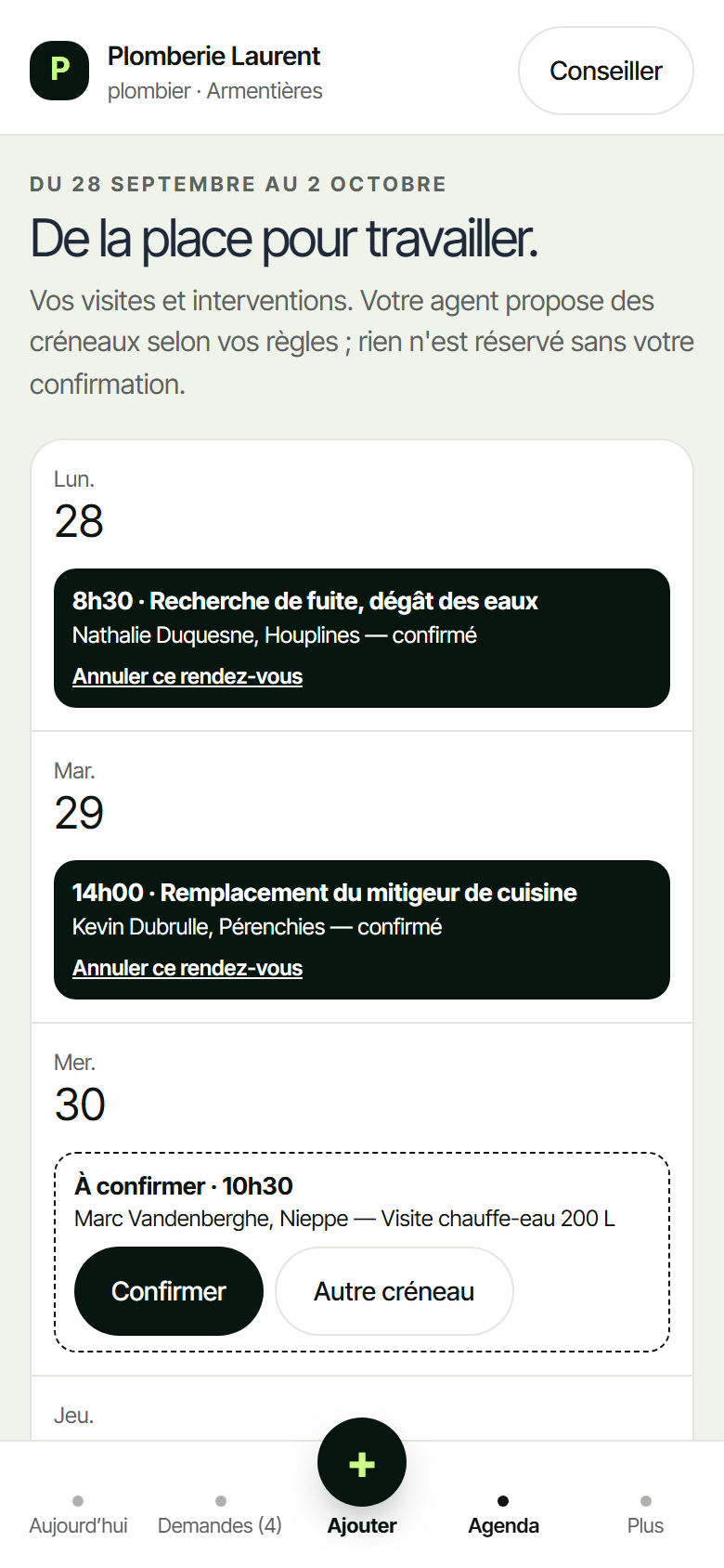 Agenda de l'application TURNE