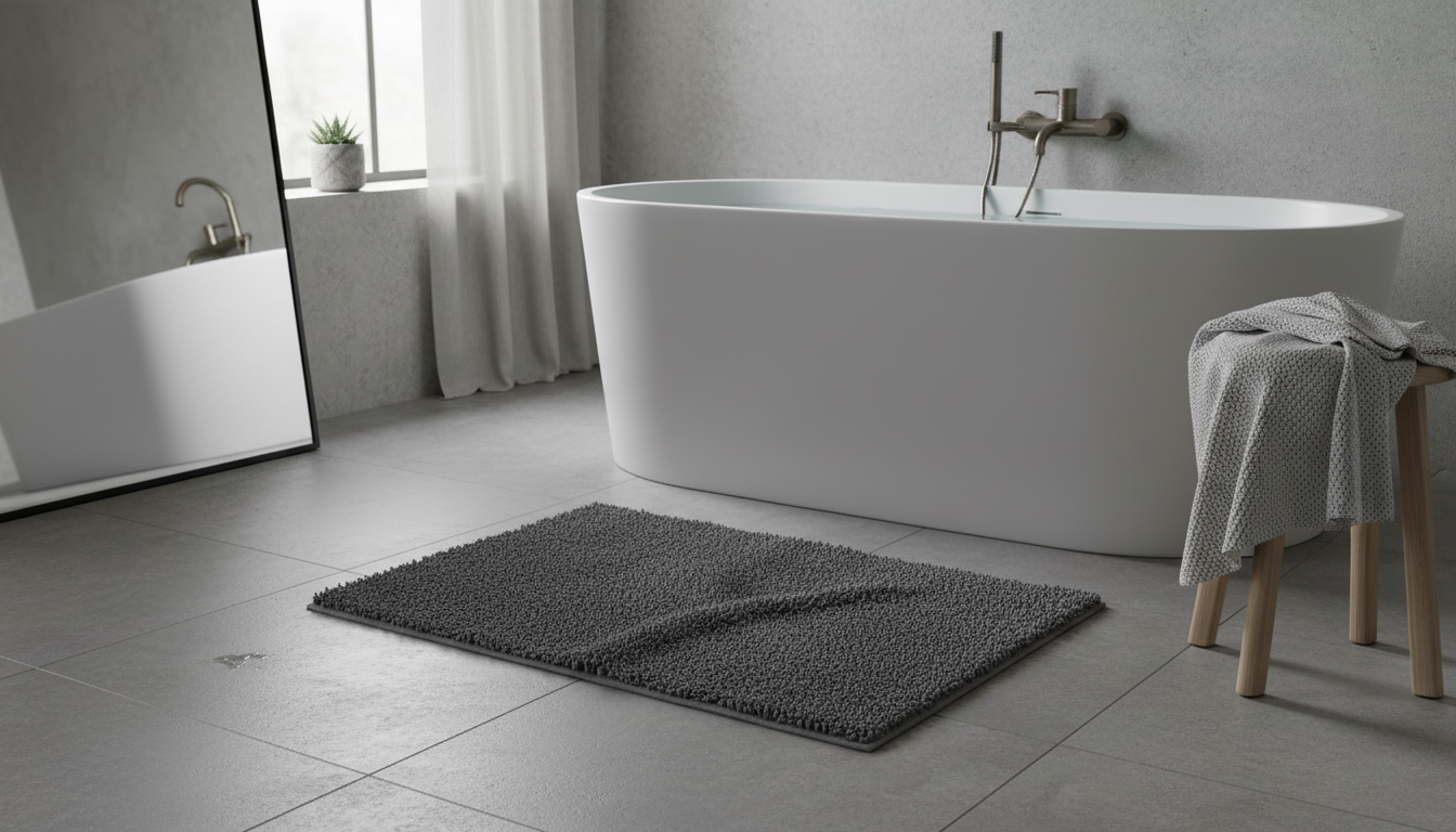 Tapis de bain gris perle accueillant des serviettes blanches dans une salle d'eau moderne.