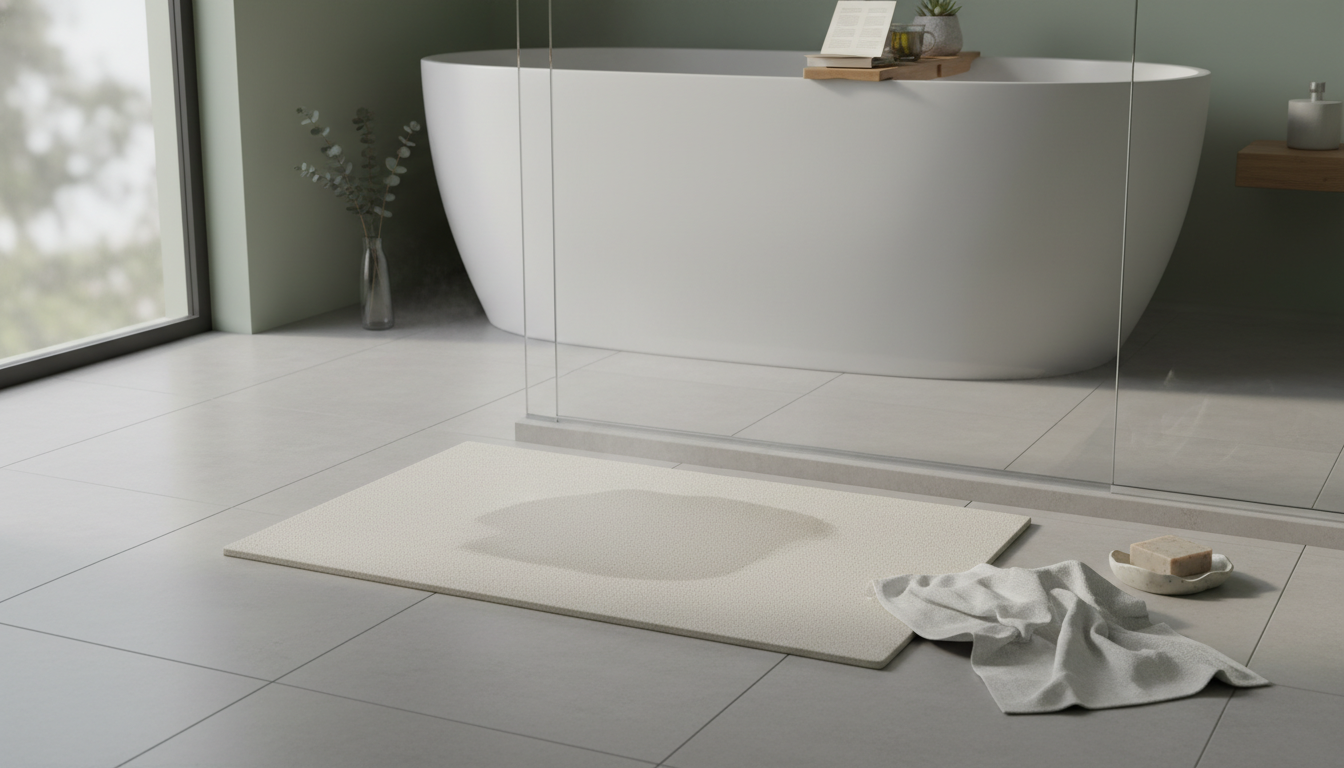 Tapis de bain diatomite gris pierre, élégamment placé devant une douche moderne.