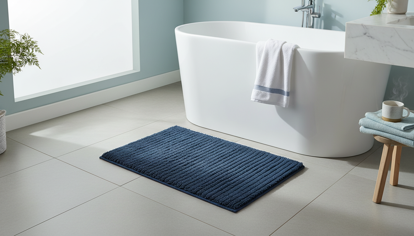 Tapis de bain bleu clair sur un sol en carrelage blanc, apportant une touche apaisante.