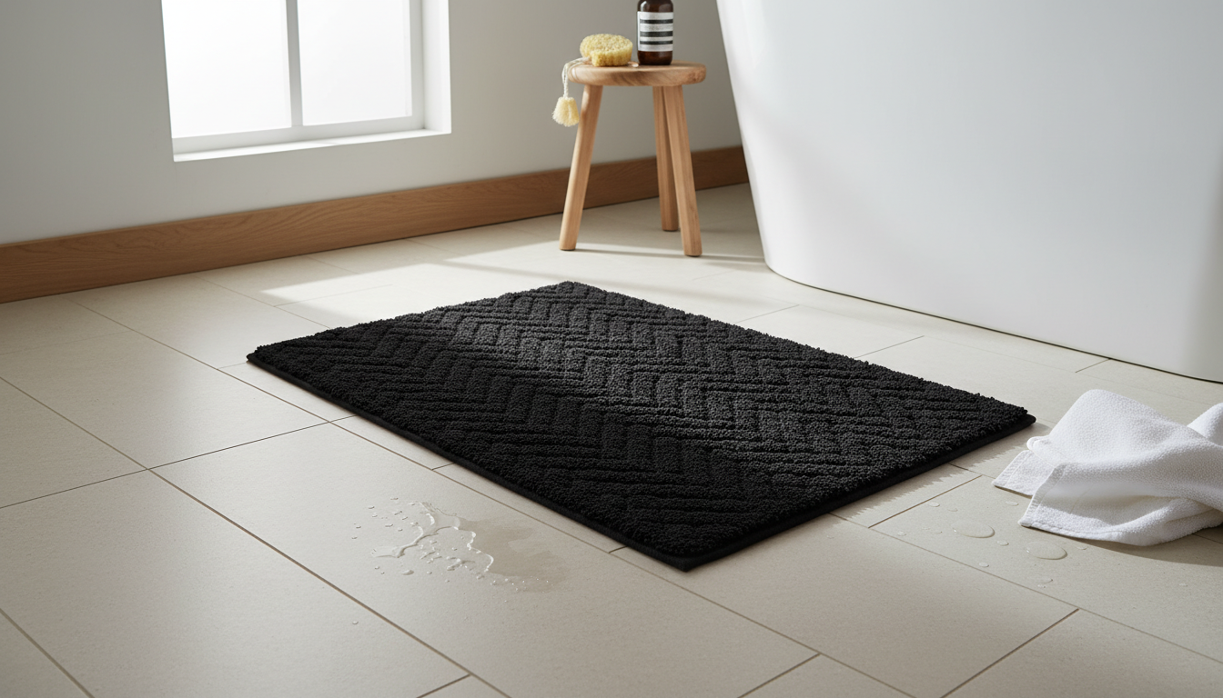 Un tapis de bain noir, 80x50 cm, apporte élégance et confort sous pieds nus sur carrelage clair.