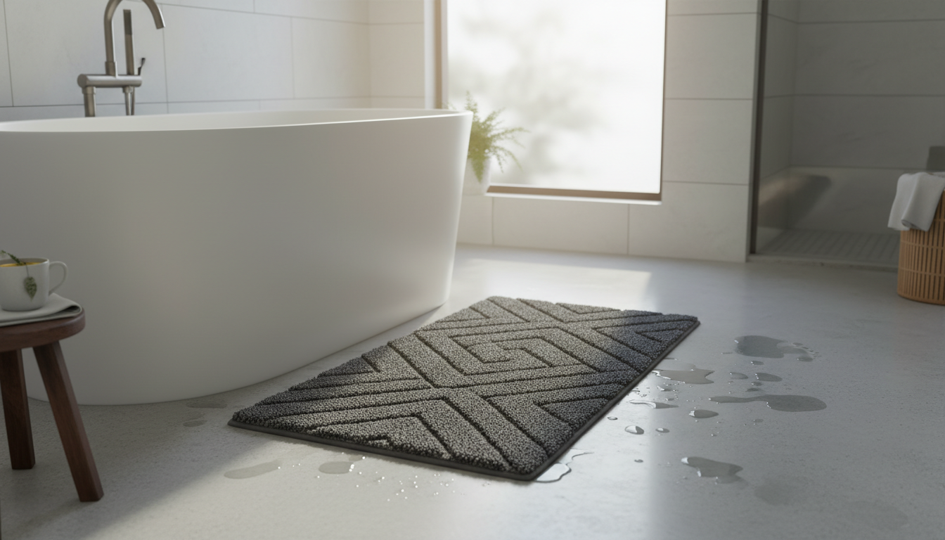 Un tapis de bain gris anthracite de 80x120 cm, rehaussant un sol moderne en carrelage blanc.