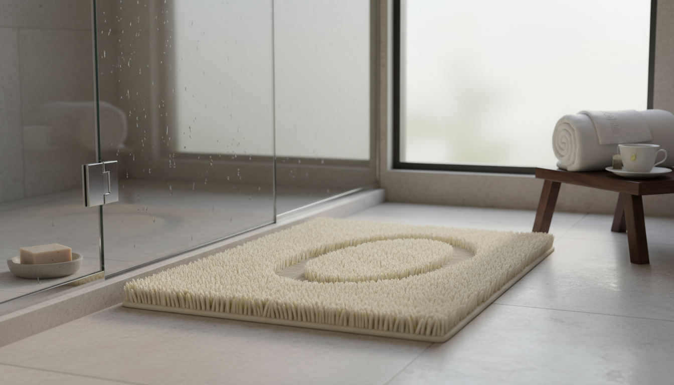 Tapis de bain en velours beige, parfait pour une ambiance zen et chaleureuse.