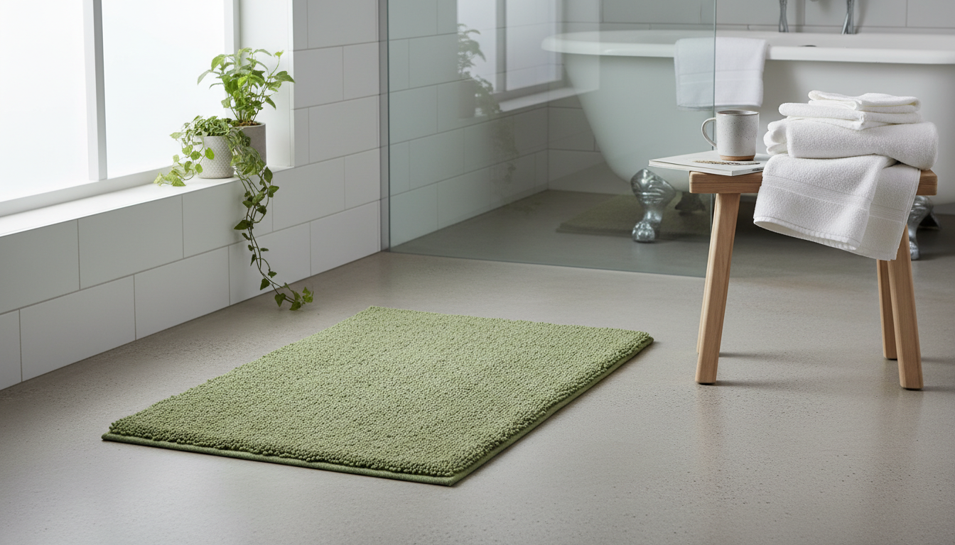 Tapis de bain émeraude recouvrant un sol en bois clair, apportant une touche de fraîcheur.