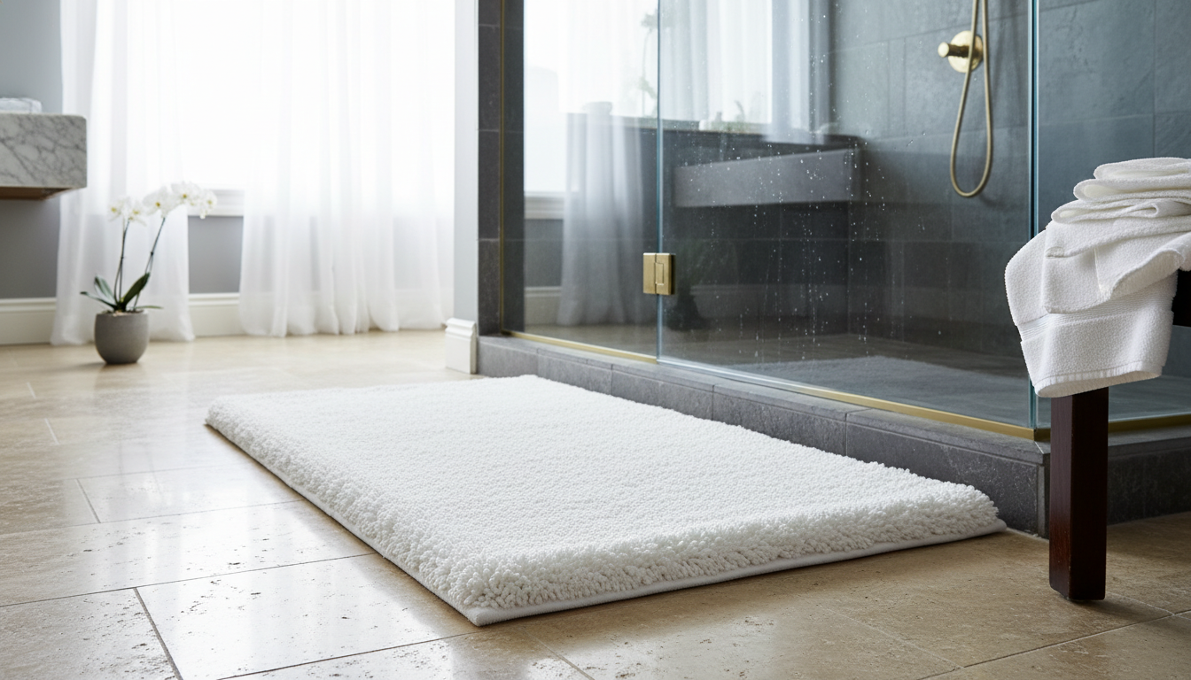 Tapis de bain grège élégant, harmonieusement agencé avec des accessoires en bois naturel.