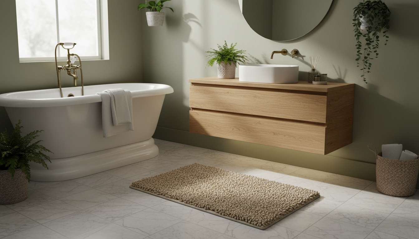 Tapis de bain beige harmonieusement placé sur un sol en marbre clair, créant un contraste apaisant.