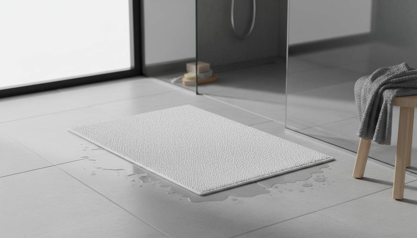 Tapis de bain gris anthracite, accueillant des pieds nus sur des carreaux blancs brillants.