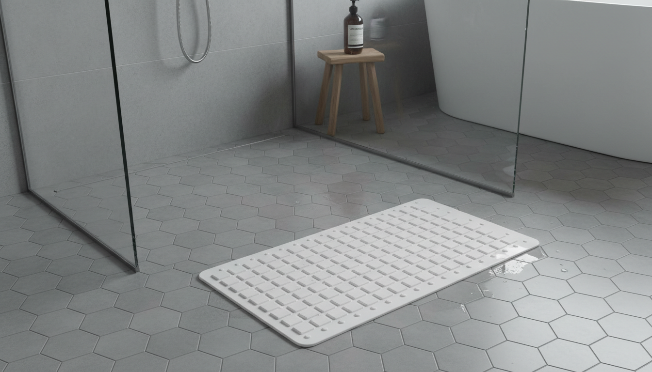 Élégante présentation sur un sol en marbre, accentuée par des accessoires de salle de bain modernes.