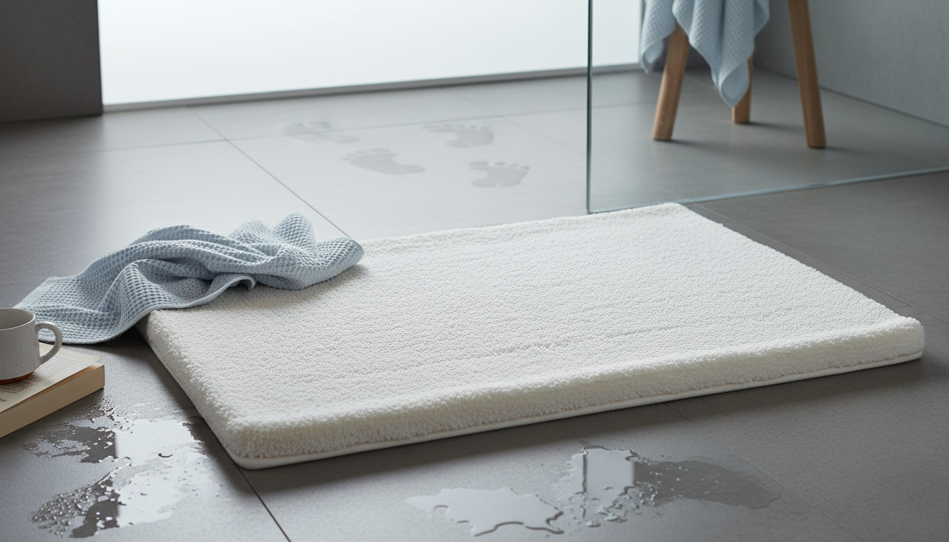 Tapis de bain épais gris clair, accueillant vos pieds après une douche relaxante.