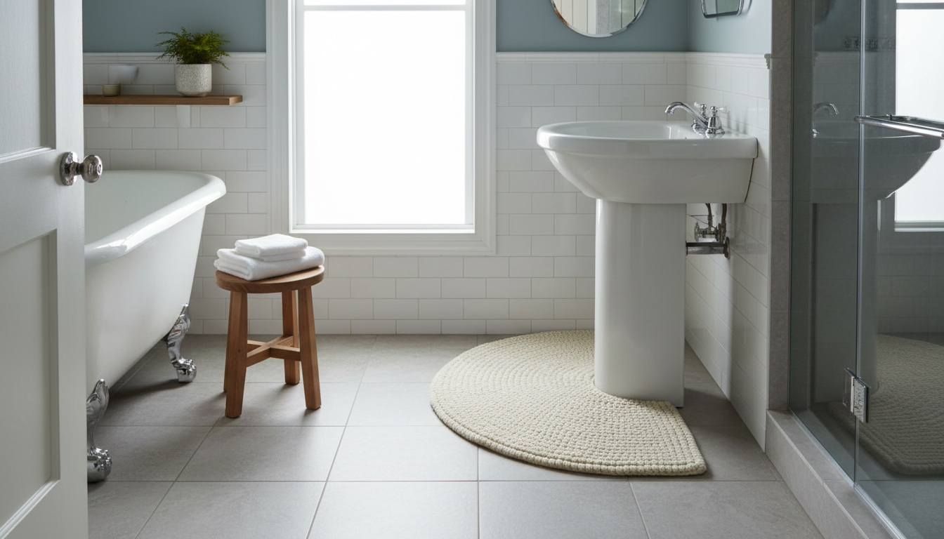 Tapis de bain demi lune gris anthracite, encadré de plantes vertes, soulignant l’élégance d’un espace minimaliste.