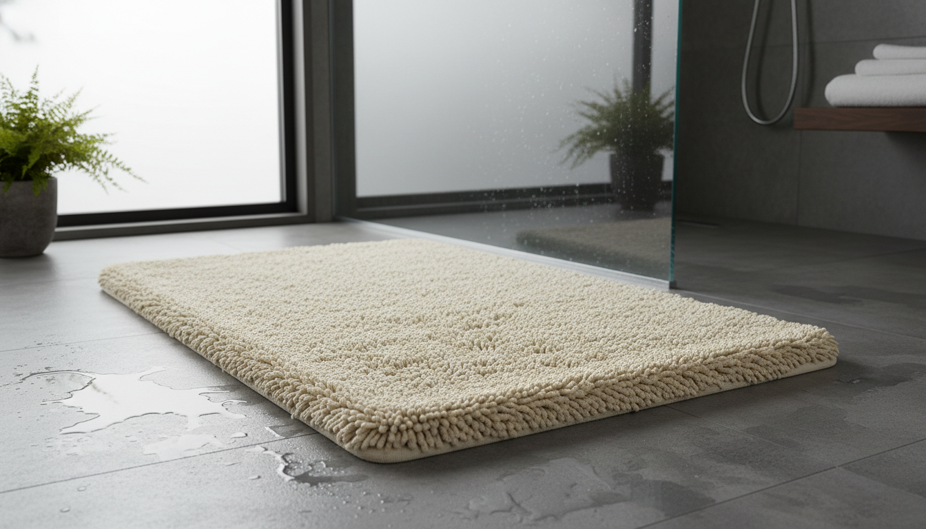 Tapis de bain épais beige, harmonieusement agencé avec des accessoires en bois et plantes.