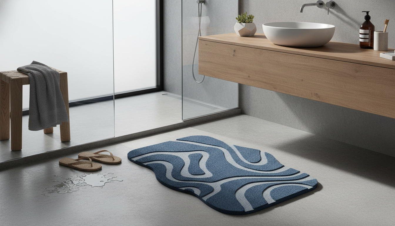 Un élégant tapis bleu clair rectangulaire, ajoutant chaleur et confort à une salle de bain moderne.