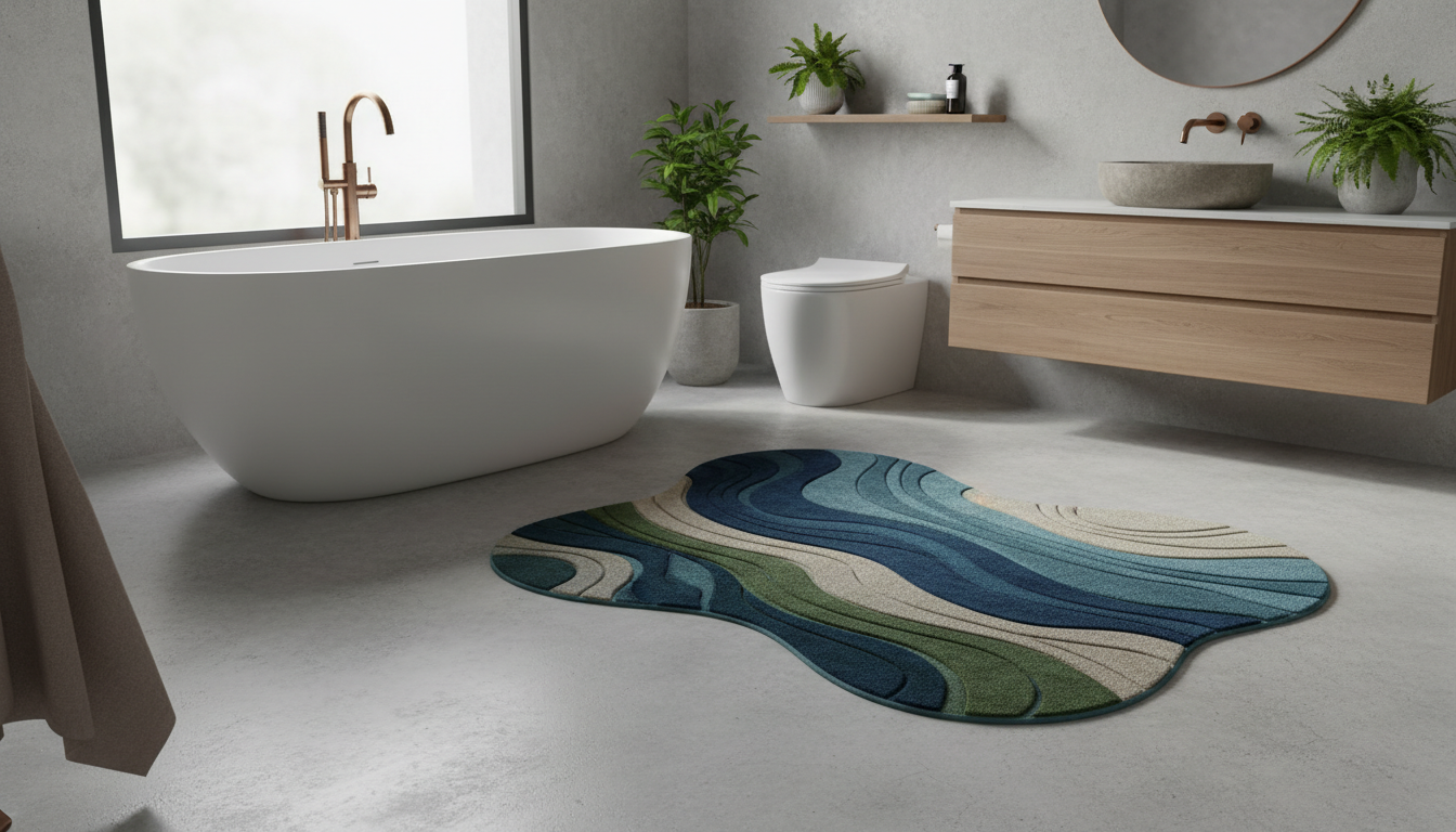 Tapis rond beige décoré, entouré de plantes vertes, créant une atmosphère apaisante et naturelle.