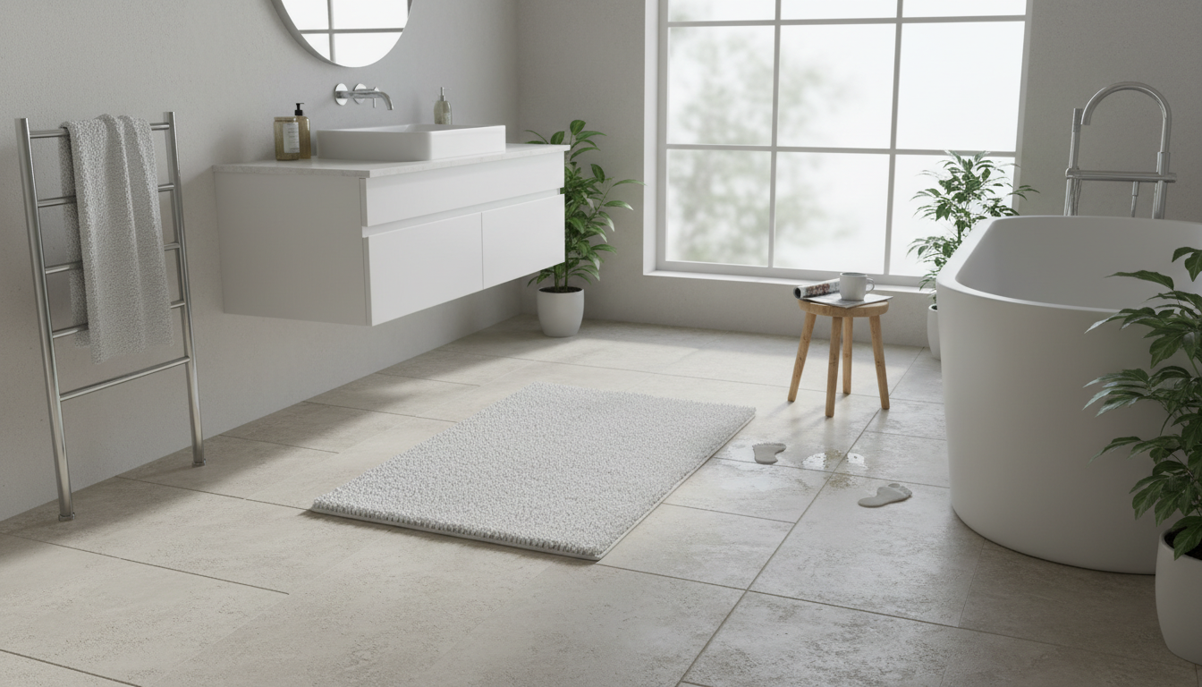 Une élégante salle de bain avec la badmat blanche 70x120 cm, apportant une touche lumineuse.