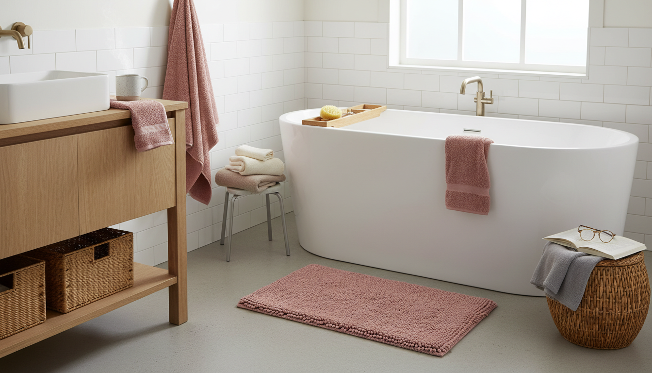 Tapis rose bébé accueillant près de la baignoire, illuminant la salle de bain moderne.
