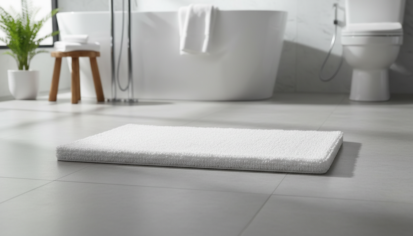 Badmat blanche soigneusement disposée sur un sol en carrelage gris, rehaussant l'harmonie décorative.
