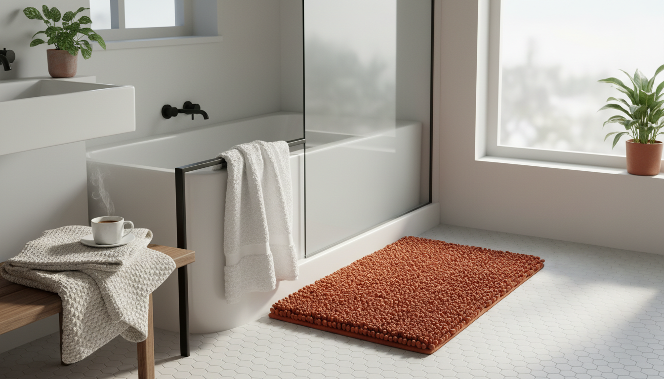 Un tapis de bain orange vibrant de 60x90 cm réchauffe cette salle d’eau moderne.