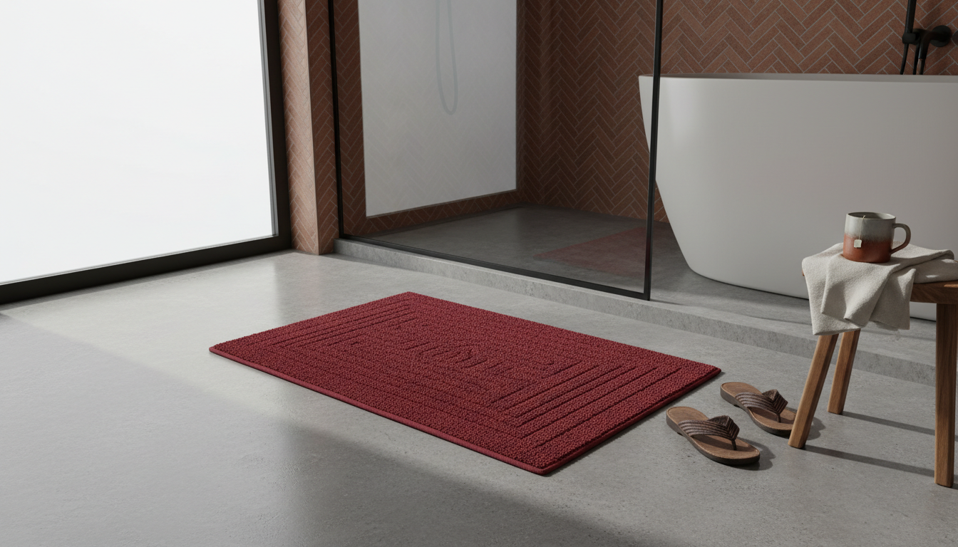 Tapis de bain rouge vibrant sur carrelage clair, créant une atmosphère chaleureuse.