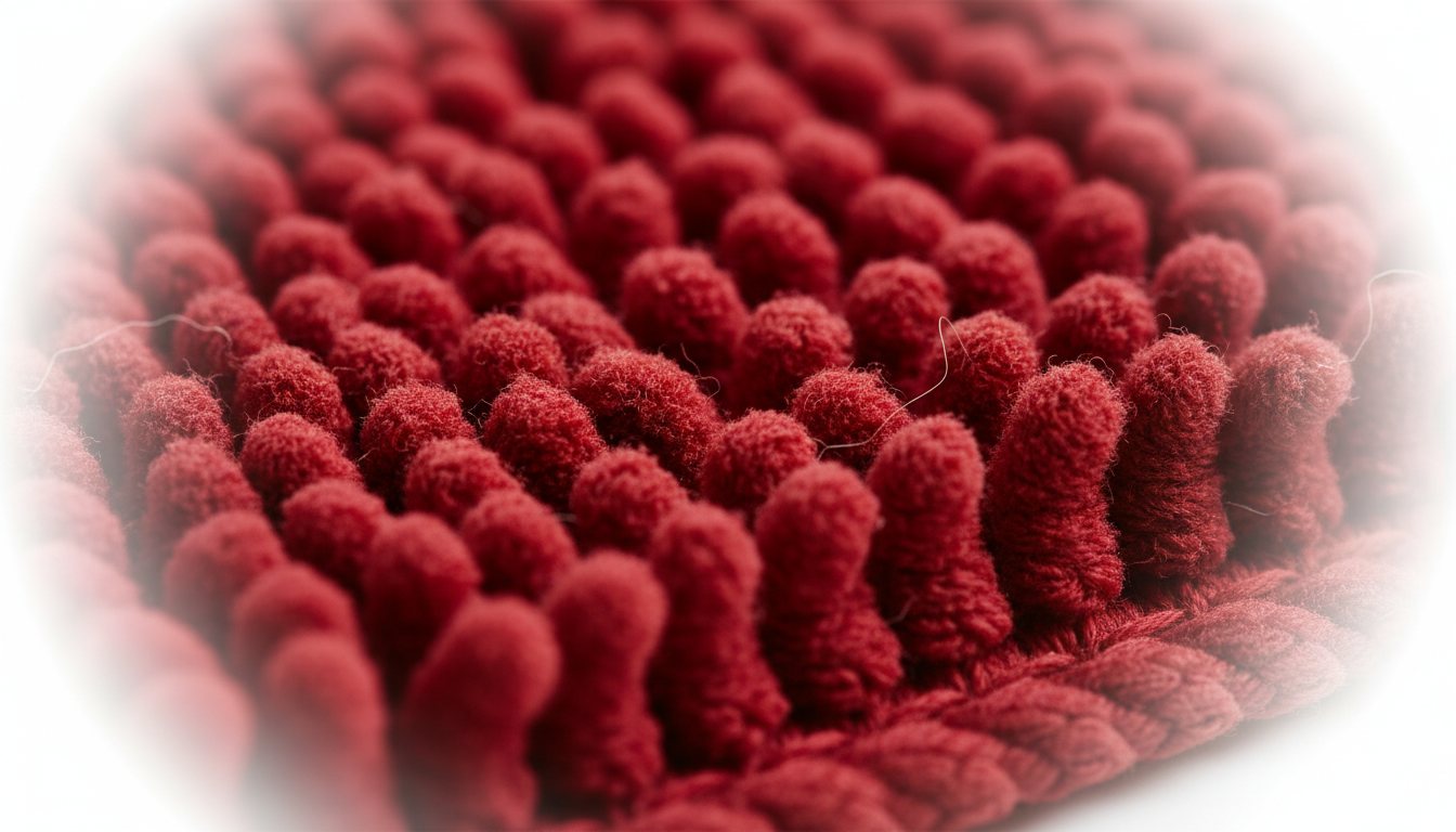 Texture douce et épaisse, fibres rouges résistantes à l'usure et absorbantes.