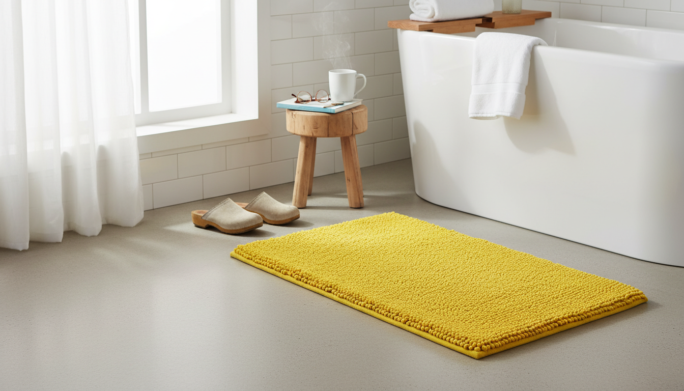 Tapis de bain jaune moutarde accueillant, apportant chaleur et éclat à la salle d’eau moderne.