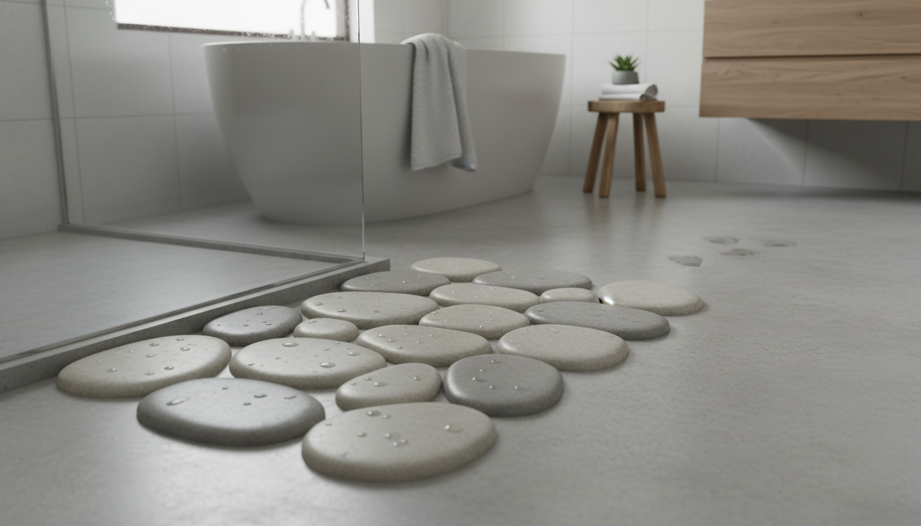 Ambiance apaisante avec la Badematte gris anthracite, parfaite pour un bain relaxant.