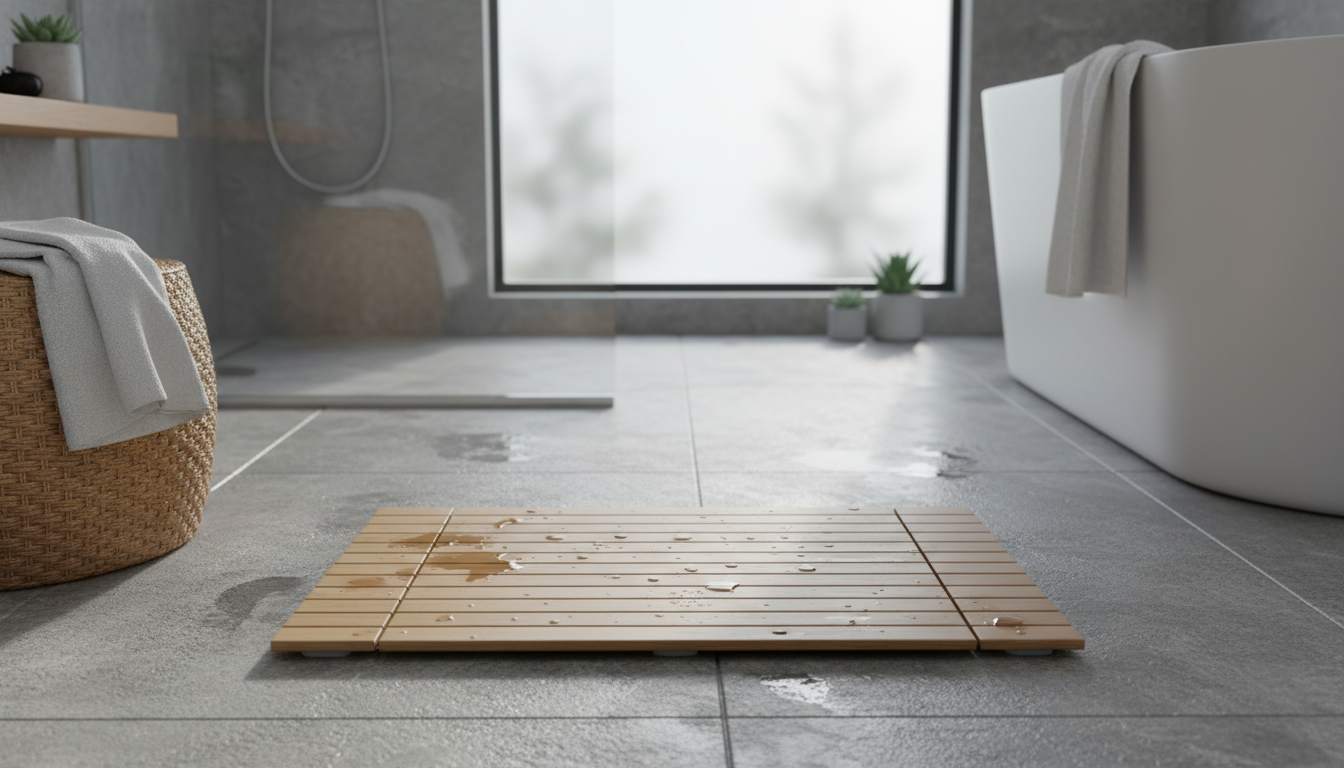 Tapis de bain en bambou clair, installé devant une baignoire moderne, ajoutant une touche naturelle.