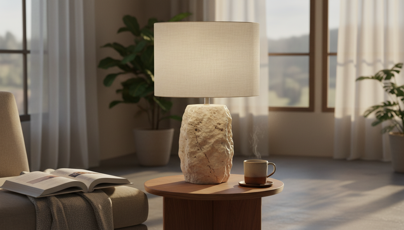 Lampe travertin beige illuminant un coin lecture chaleureux, accompagnée d’un fauteuil vintage.