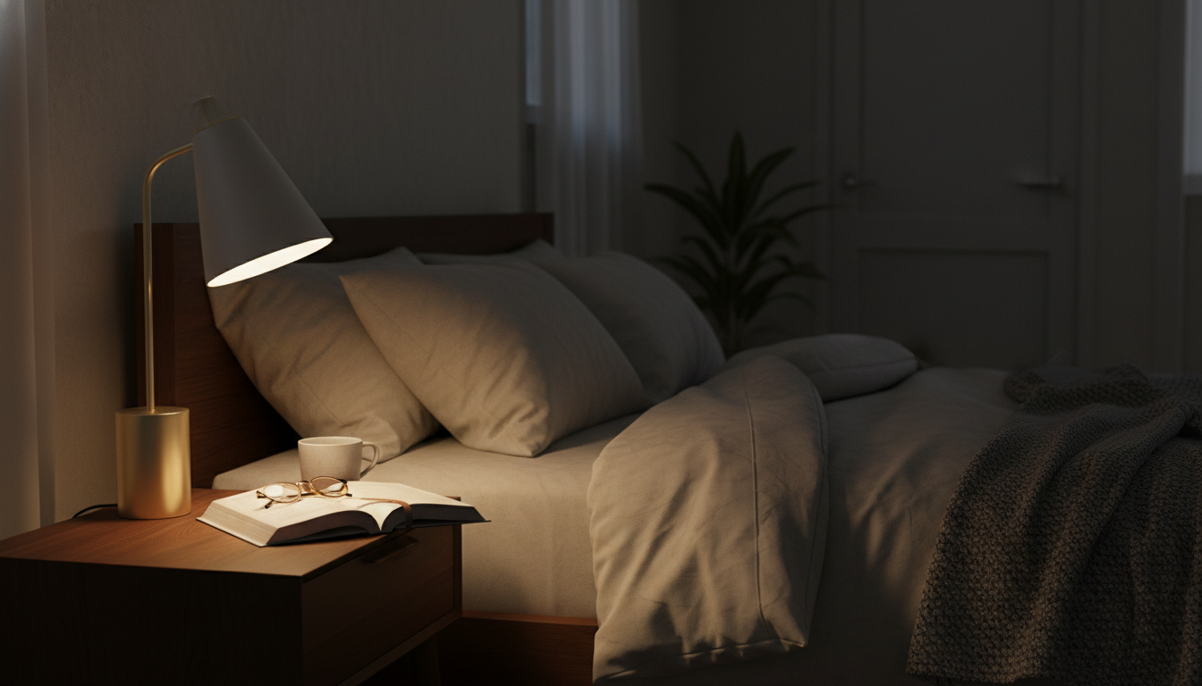Lampe de chevet blanche, illuminant une chambre calme, apportant une ambiance apaisante.
