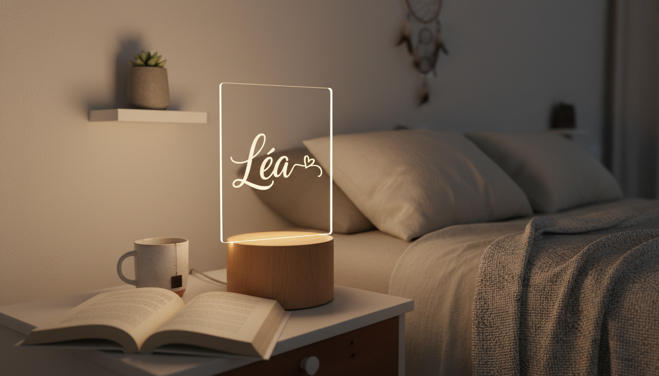Lampe personnalisée en bois clair illuminant un salon moderne, accentuant une ambiance chaleureuse.