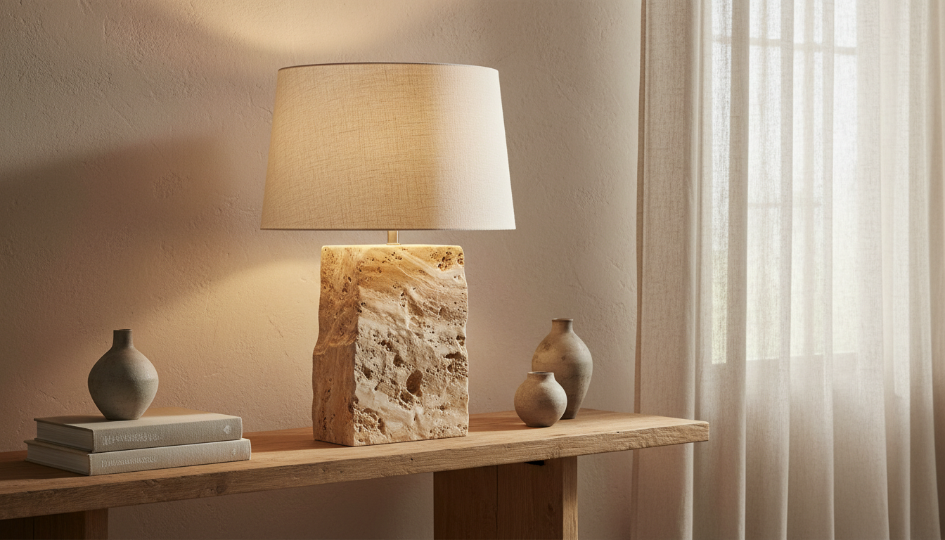 Lampe travertin grise mise en scène avec un vase en céramique et des livres anciens.