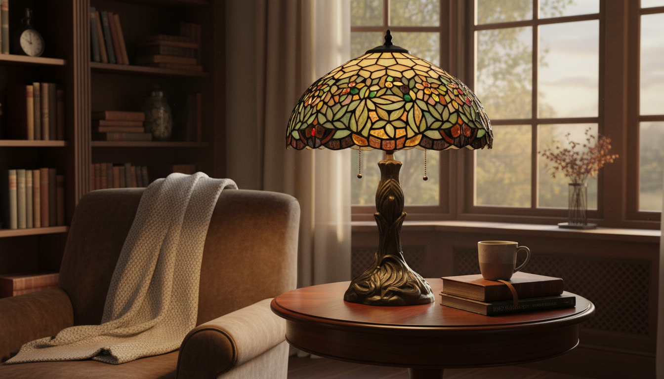 Lampe Tiffany illuminant un coin lecture avec sa douce lumière rouge et verte.