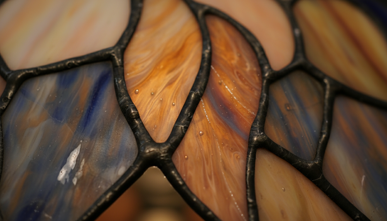 Gros plan sur les pièces de verre coloré, révélant des textures ondulées et un éclat subtil.