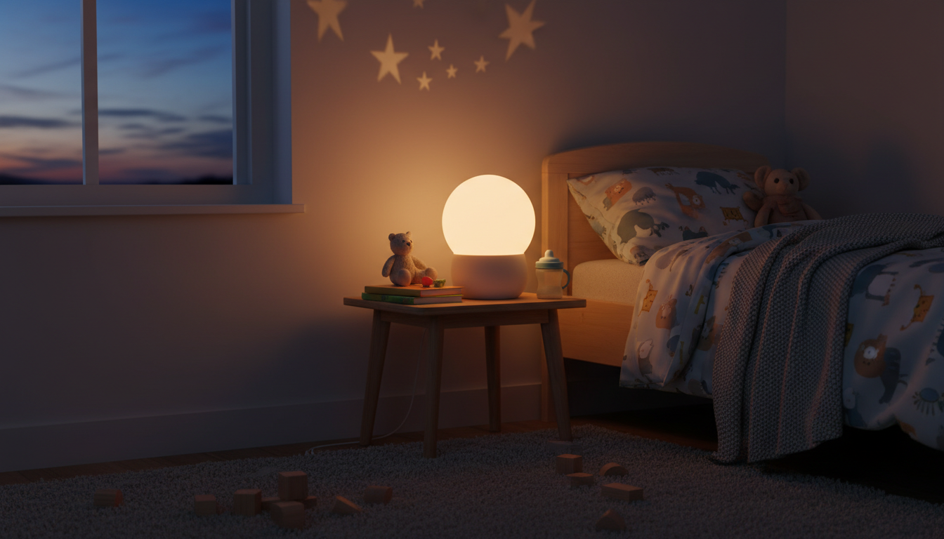 Veilleuse douce émettant une lumière apaisante dans une chambre d’enfant pastel.