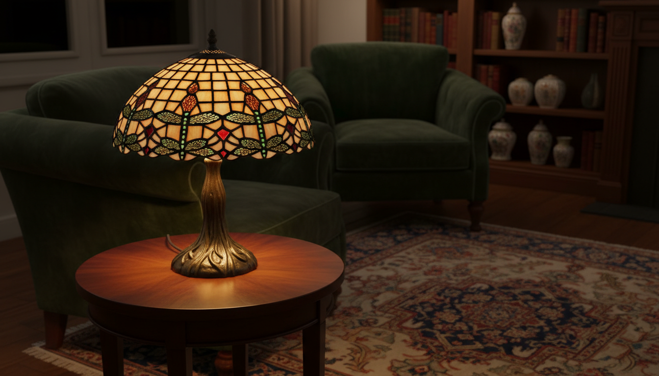 Élégante lampe Tiffany ornant une table en bois, entourée de livres et de plantes vertes.