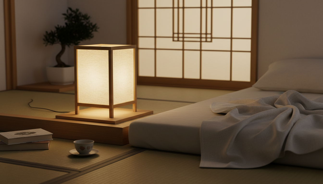 Une douce lumière diffuse d'une lampe en washi illumine un salon minimaliste, créant une ambiance sereine.