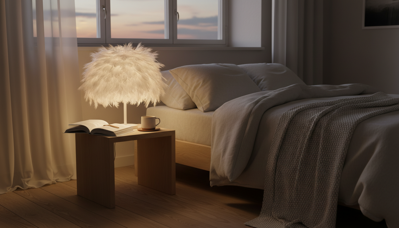 Lampe Plume en beige délicat illuminant une table en bois, créant une ambiance chaleureuse.