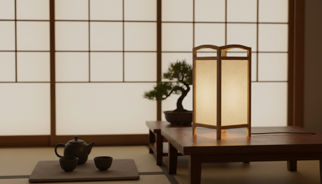 Une lampe torii en pierre de lave ornant un jardin zen, entourée de galets et de verdure.