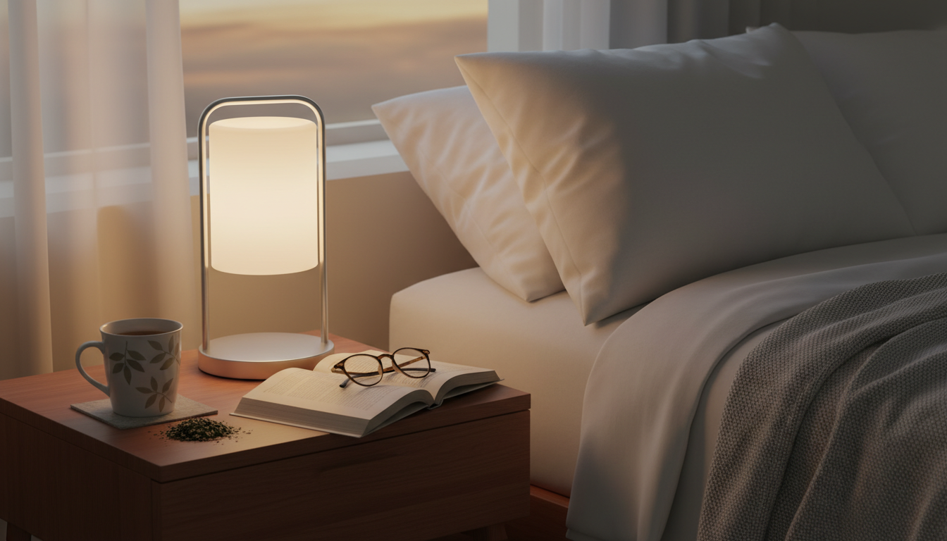 Lumière douce et chaleureuse éclaire un livre sur la table de nuit en bois clair.