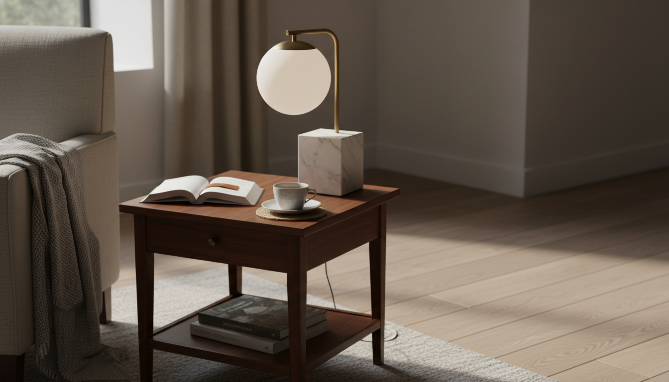 Lampe marbre noir sur une table en bois, créant une lumière tamisée conviviale.
