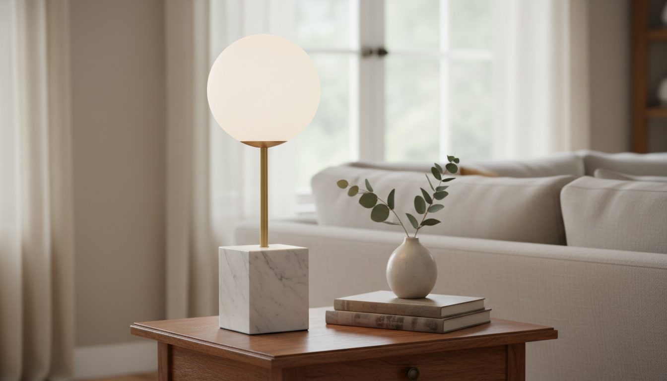 Lampe de table avec pied en marbre et finitions dorées, accentuant une décoration élégante.