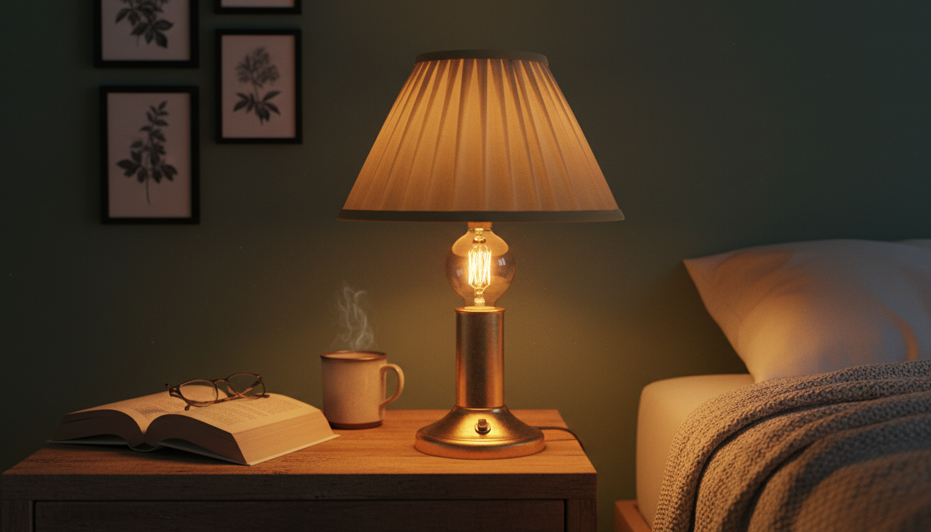 Ambiance chaleureuse créée par une lampe en laiton doré, illuminant une table en bois patiné.