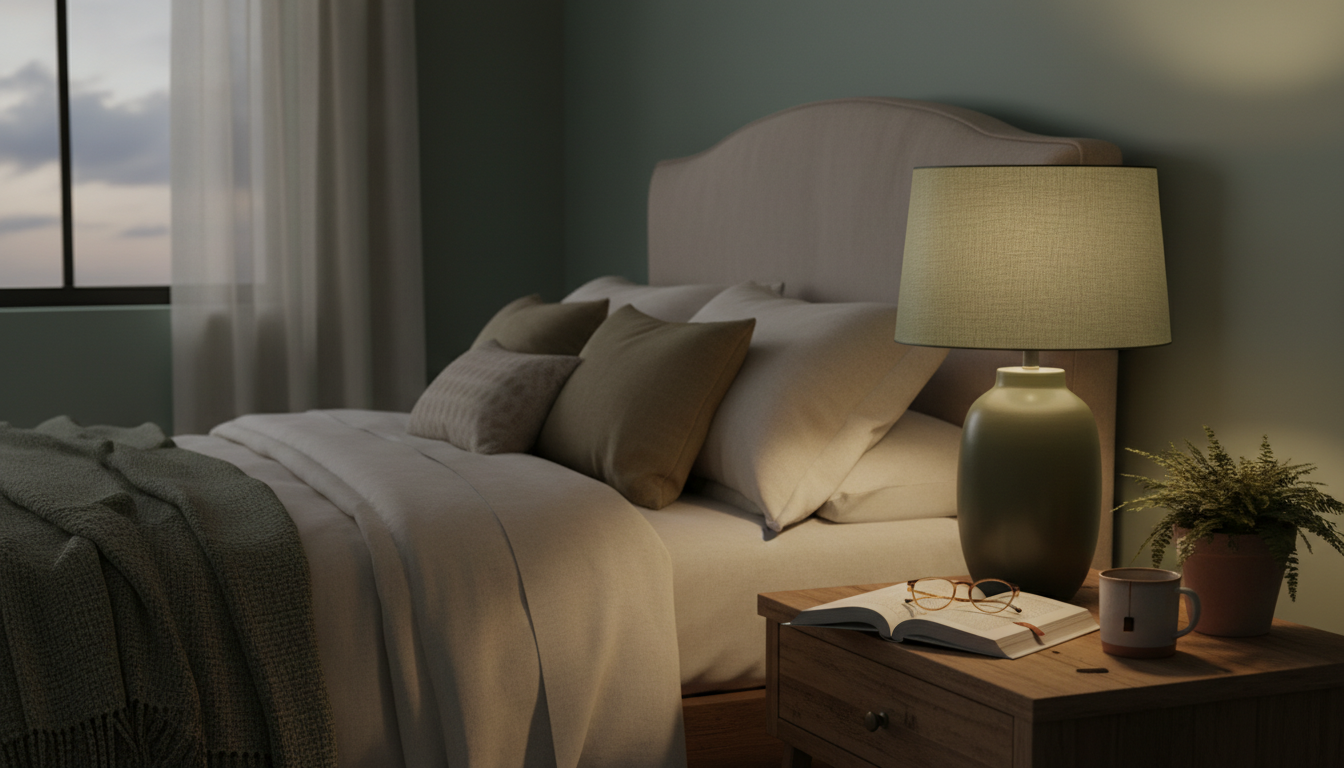 Lampe de chevet verte en céramique, illuminant une table de nuit en bois clair.
