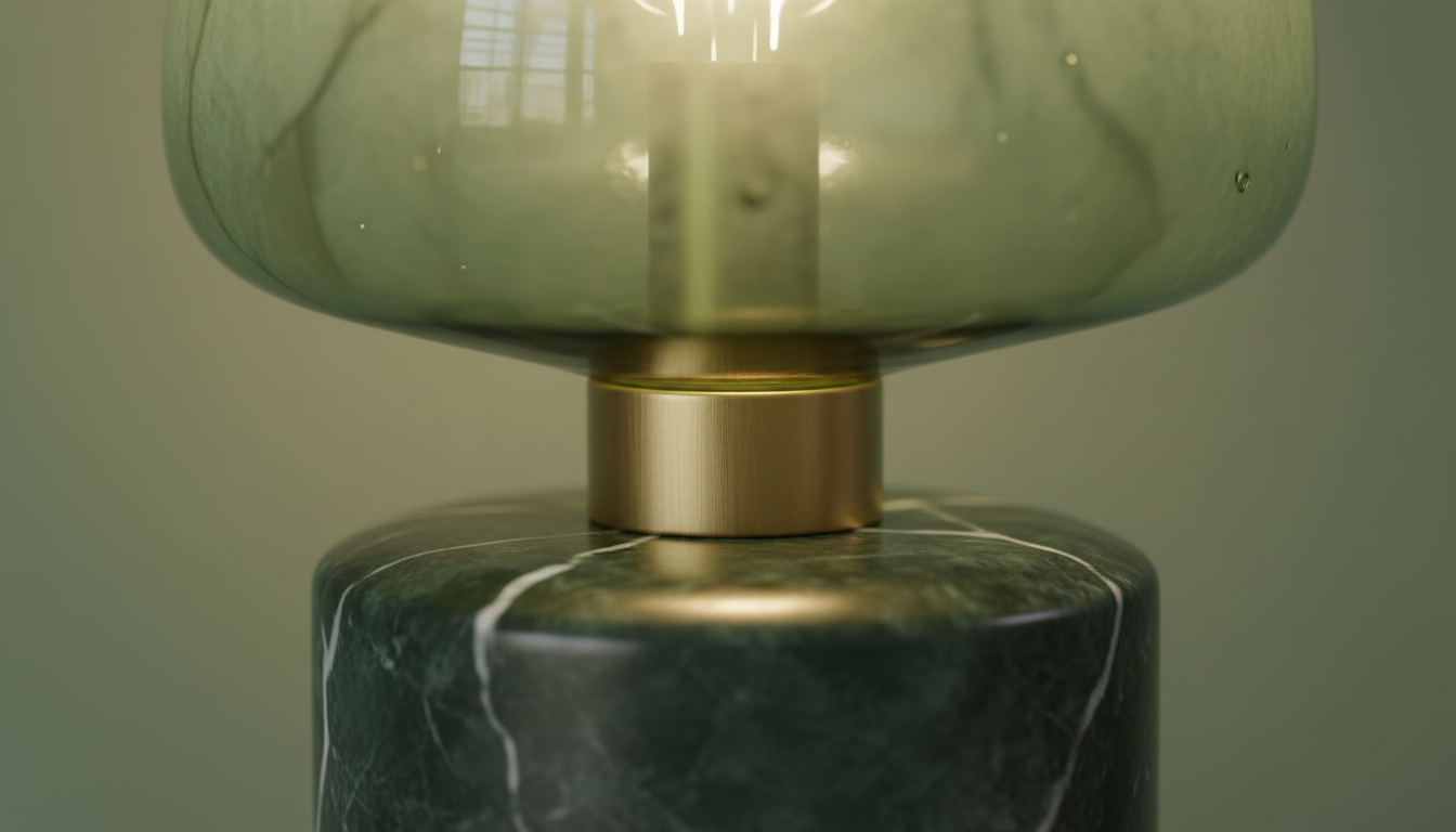 Gros plan sur l'abat-jour en tissu vert d'eau, texture douce et légère.